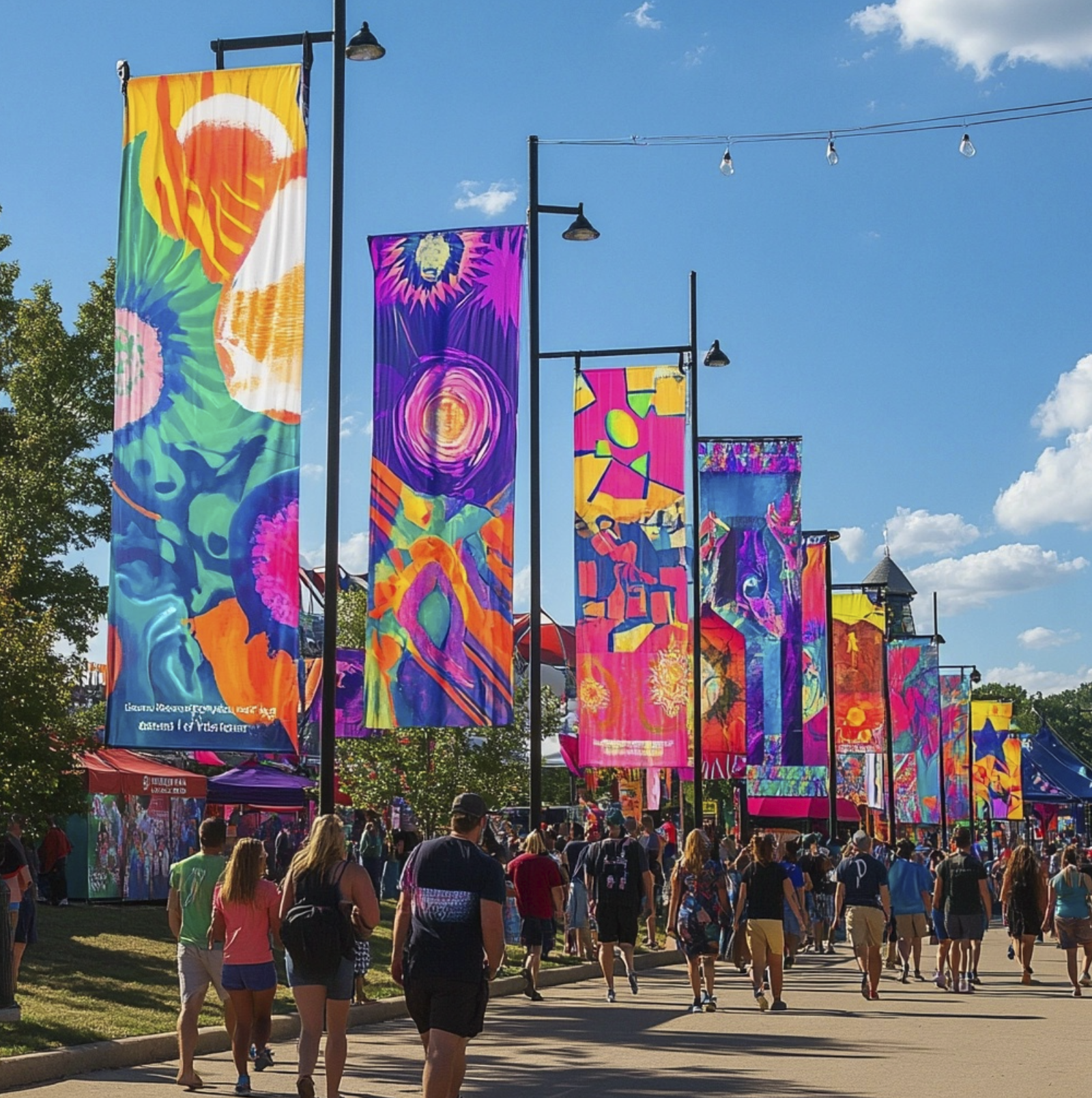 Retractable banner stand with custom business graphics at trade show